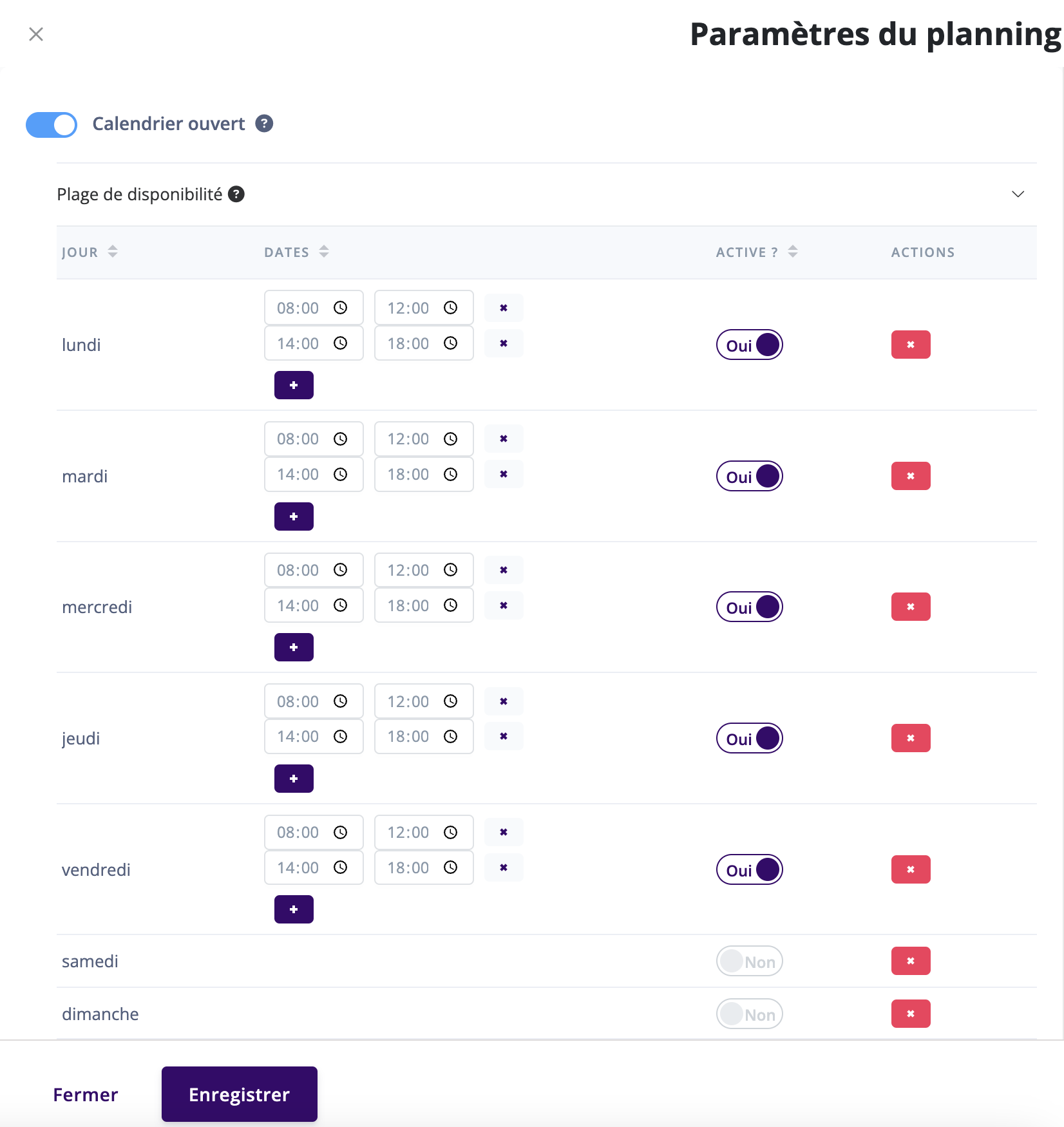 Paramètrage des disponibilités